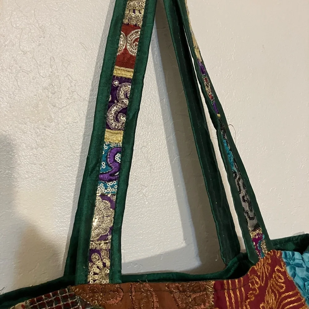 Bohemian patchwork sparkly silk quilted embroidered India shoulder bag metallic